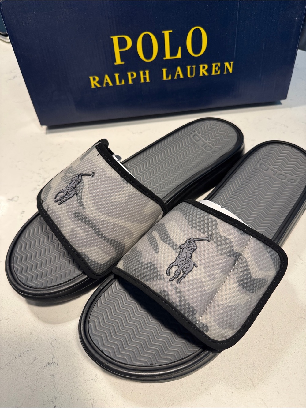 Polo by Ralph Lauren Men’s Gray Camouflage Slide Sandals